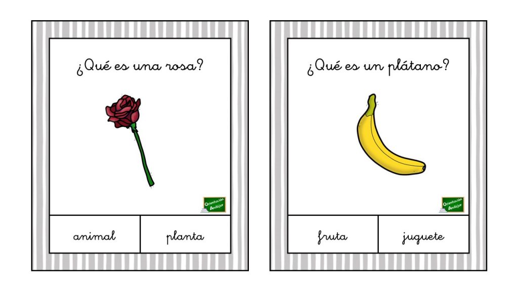 Tarjetas manipulativas: Comprensión de preguntas Colección de tarjetas para trabajar la comprensión de preguntas así como el razonamiento lógico. Hay que marcar la respuesta correcta, de las dos opciones posibles.