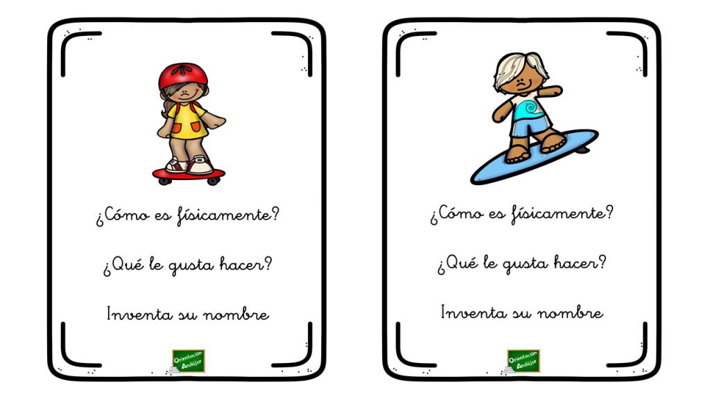 Tarjetas descripciones de niños La siguiente actividad está pensada para trabajar la expresión oral y la imaginación a través de las descripciones de los niños que aparece en cada tarjeta.