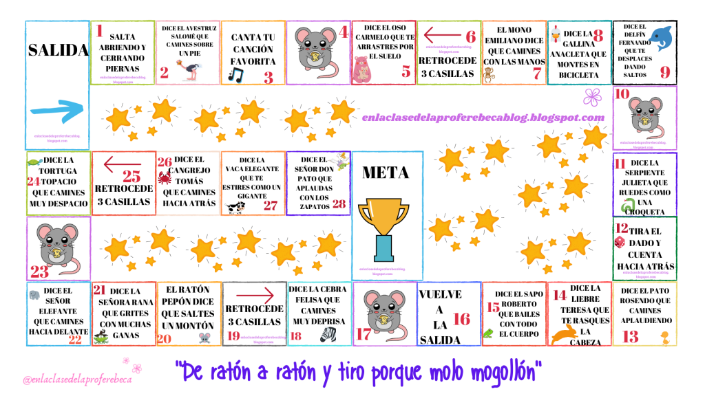 Tablero para las sesiones de psicomotricidad donde los peques, mayores, papás y mamás tirarán un dado y avanzarán el número que le salga, realizando la prueba que le pide la […]