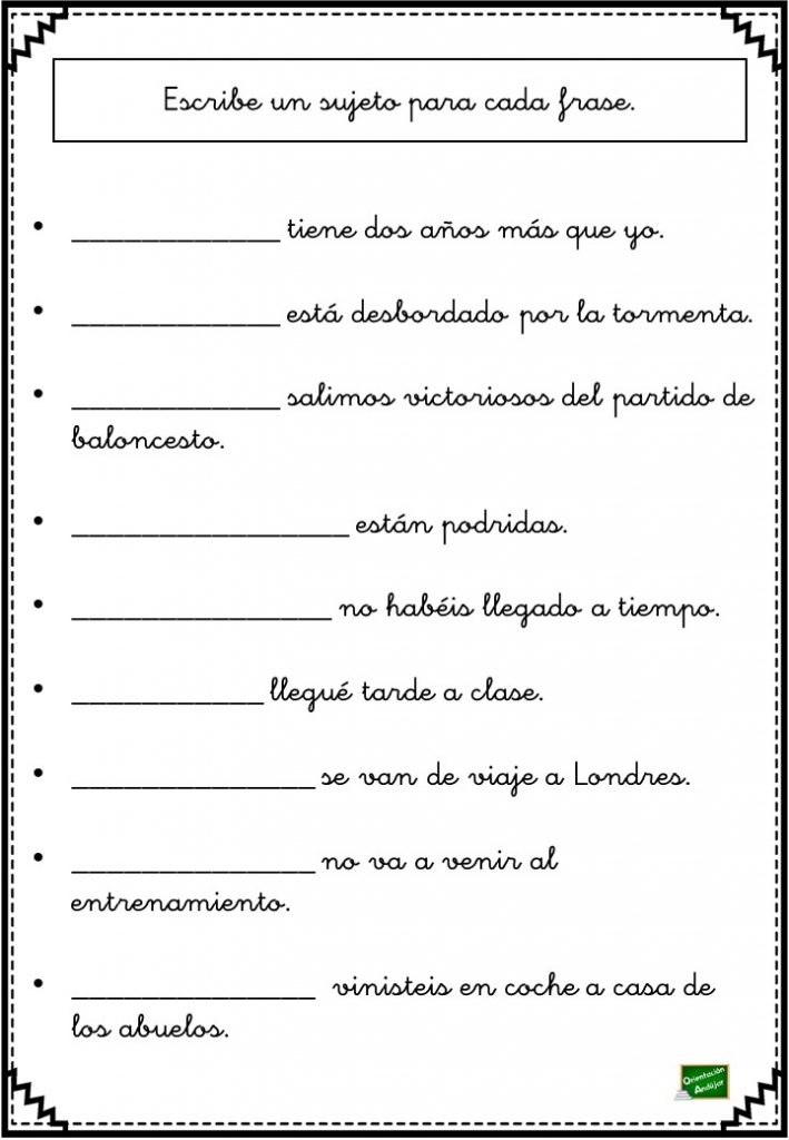 A las siguientes frases les falta el sujeto, el objetivo es completar la oración con un sujeto que concuerde en persona y número con el verbo de la frase. En […]