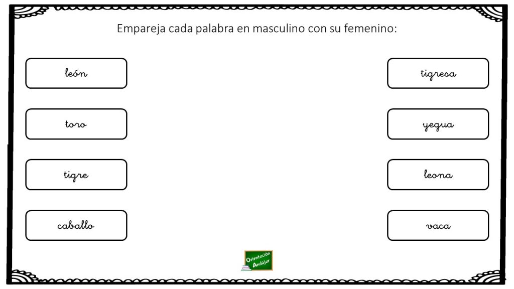 Hoy vamos a trabajar la conciencia semántica a través del género de las palabras. En el siguiente ejercicio hay que emparejar cada palabra en masculino con su femenino.