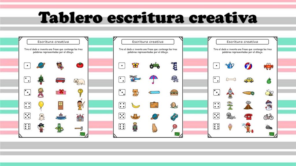 Divertido juego para ejercitar la escritura creativa. Hay que tirar el dado e inventar una frase que contenga las tres palabras representas por el dibujo, según el número que salga […]