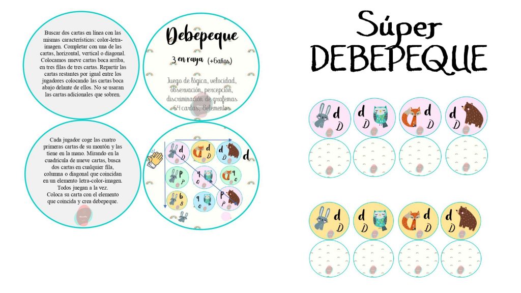 Dislexia o dificultades con fonemas conflictivos como son D-B-P-Q a partir de 6 años.  Con este Juego «tipo 3 en raya», trabajaremos  lógica, velocidad de reacción, velocidad de procesamiento, observación, […]