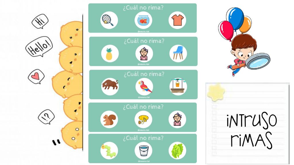 Intrusos de rimas.  Material para trabajar habilidades pre-lectoras. Para jugar, presentamos una tarjeta al peque. Él o ella deberá decir en voz alta el nombre de los tres dibujos, e […]