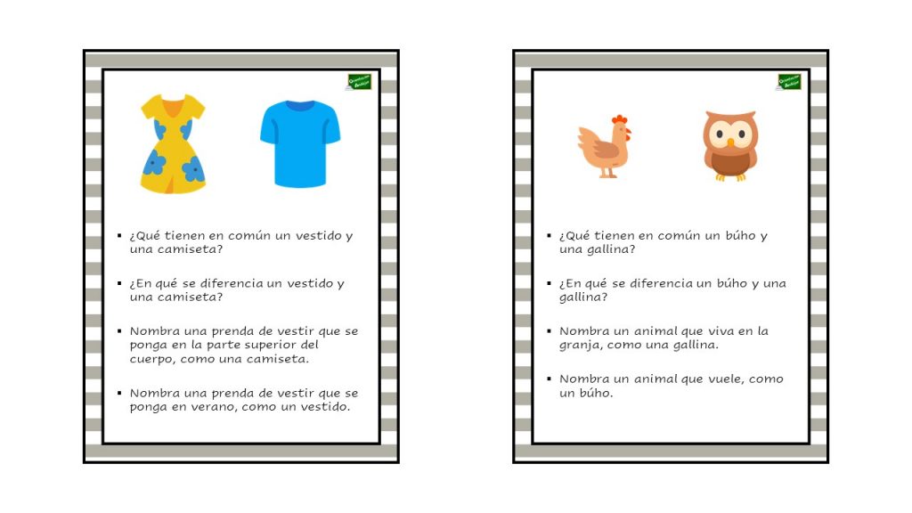Estimulación cognitiva para niños: Tarjetas compara y contrasta Divertidas tarjetas para trabajar la estimulación cognitiva de nuestros alumnos a través del ejercicio de comparar y contrastar las semejanzas y diferencias de dos objetos.