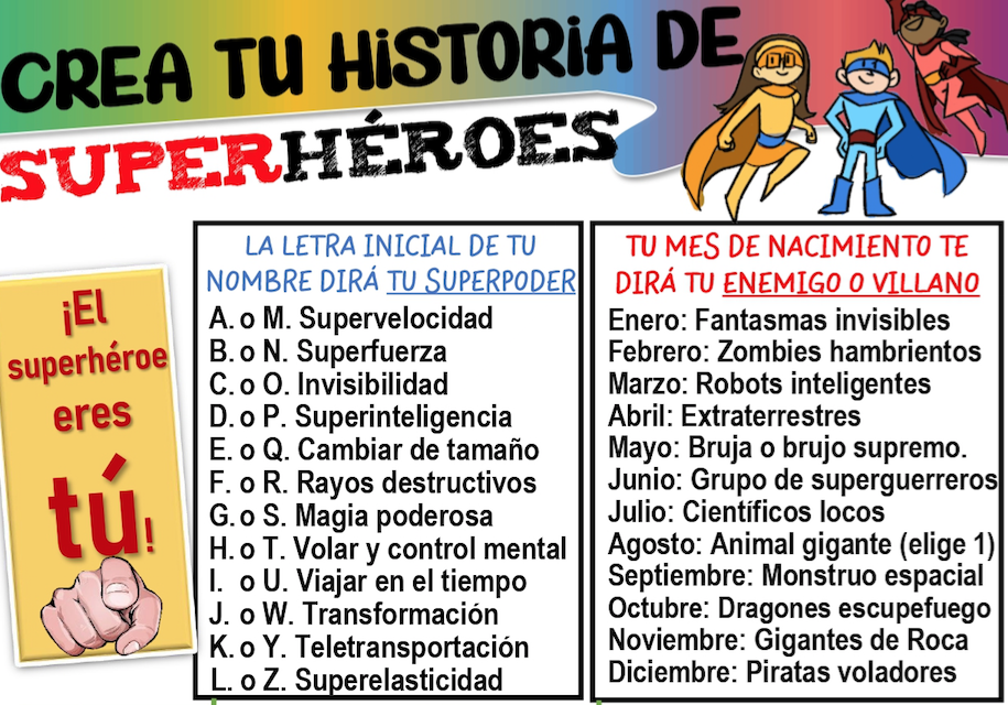 Crea tu propia historia de superhéroes mirando lo que te ha tocado de superpoder y contra qué villano o enemigo te ha tocado luchar.