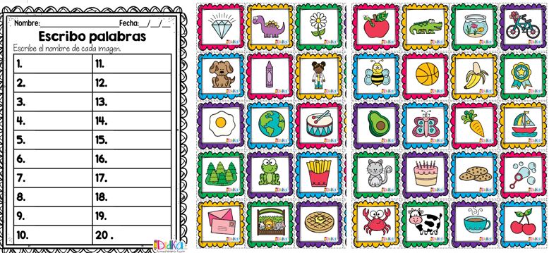 Una manera divertida de escribir palabras. ¿Cómo utilizar el material? Recortar las tarjetas con imágenes. Elegir al azar 20 tarjetas. Escribirlas en la hoja de dictado. Dictado-con-imágenes fuente: https://www.facebook.com/didka.ae