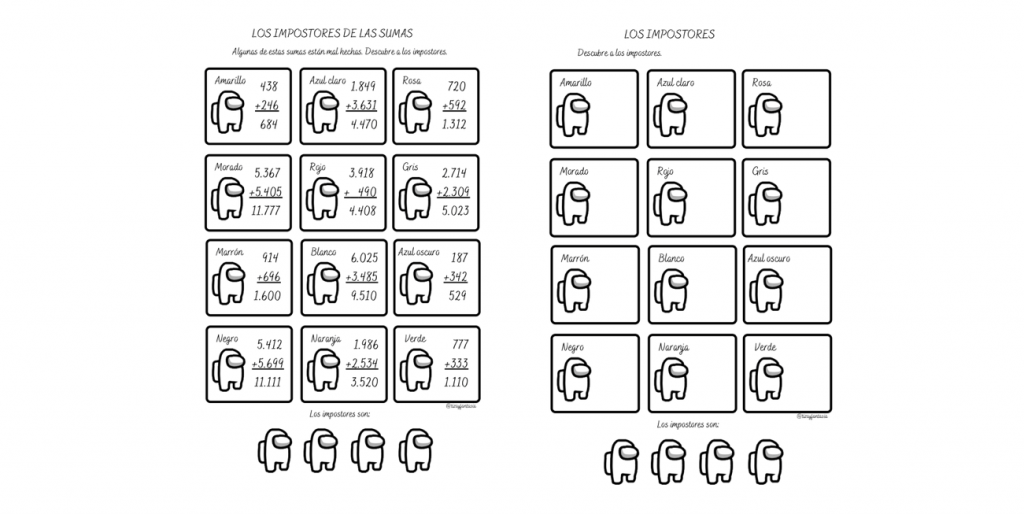 Esta plantilla la utilicé con mis alumnos de tercero de primaria para practicar las sumas con llevadas y les encantó. Algunas sumas están mal hechas, esos son los impostores como […]