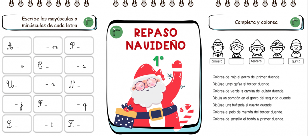 Cuadernos de Navidad con actividades para repasar durante las vacaciones de Navidad los contenidos vistos durante el primer trimestre en los diferentes cursos del primer CURSO de Educación Primaria.