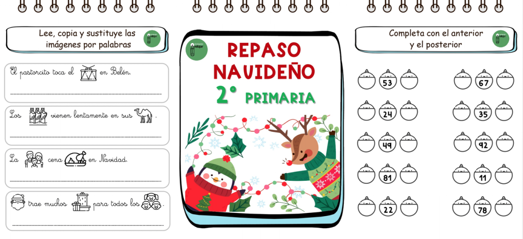 Cuadernos de Navidad con actividades para repasar durante las vacaciones de Navidad los contenidos vistos durante el primer trimestre en los diferentes cursos del SEGUNDO CURSO de Educación Primaria.