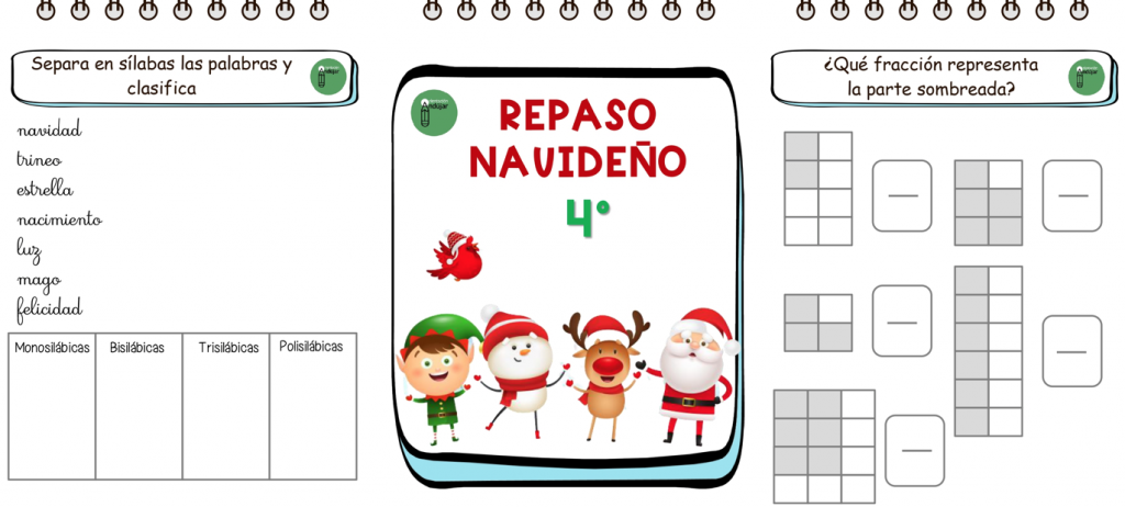Cuadernos de Navidad con actividades para repasar durante las vacaciones de Navidad los contenidos vistos durante el primer trimestre en los diferentes cursos del cuarto  CURSO de Educación Primaria.