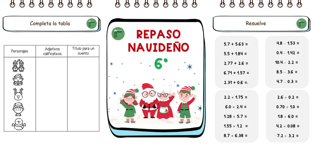   Cuadernos de Navidad con actividades para repasar durante las vacaciones de Navidad los contenidos vistos durante el primer trimestre en los diferentes cursos del sexto  CURSO de Educación Primaria.