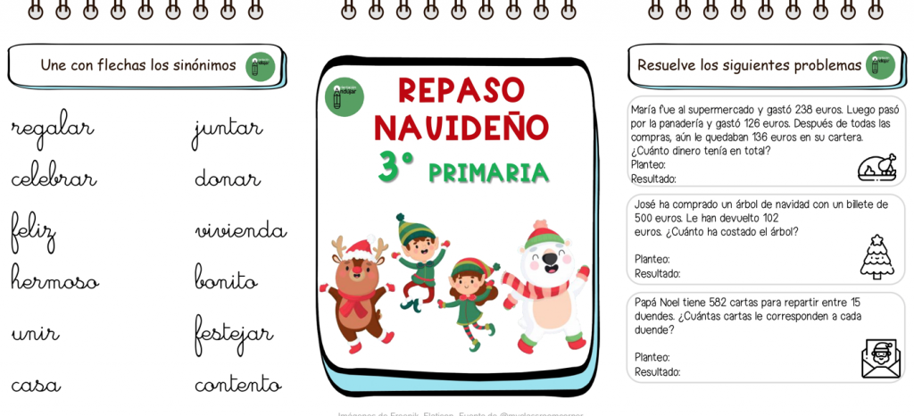 Cuadernos de Navidad con actividades para repasar durante las vacaciones de Navidad los contenidos vistos durante el primer trimestre en los diferentes cursos del tercer CURSO de Educación Primaria.