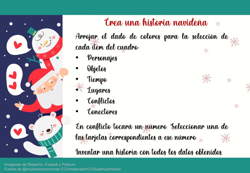 Mediante un dado de colores se seleccionarán personajes, objetos, lugares, tiempo, conflictos, conectores que deberán ser utilizados en la narración de una historia navideña.  Incluye, además, tarjetas con distintas imágenes […]