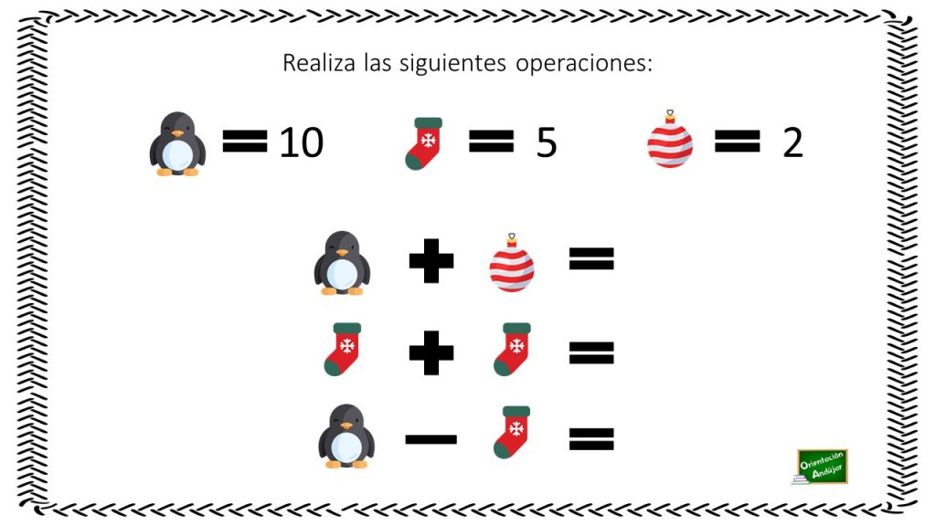 Operaciones con dibujos de Navidad La siguiente actividad no sólo está enfocada a la práctica del cálculo mental, sino a la estimulación de diferentes capacidades cognitivas, como la atención.