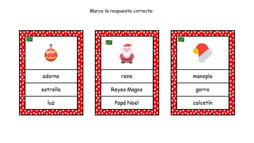 Hoy os compartimos una actividad para trabajar la asociación imagen – palabra con vocabulario de Navidad. En ella, hay que señalar cuál de las tres opciones que presentamos es la […]
