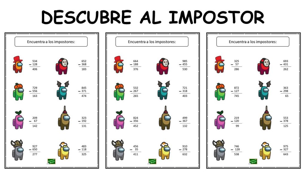 Divertida actividad para trabajar la prueba de la resta; para ello, el alumno debe descubrir al impostor. La prueba de la resta consiste en sumar la diferencia más el sustraendo. El resultado tiene […]