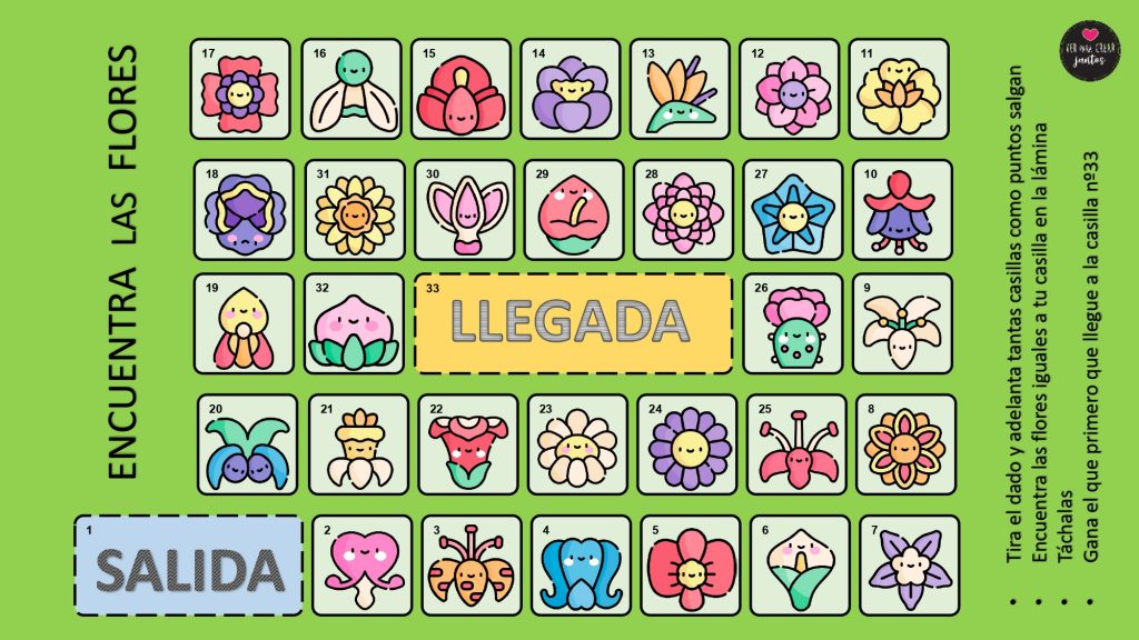 Encuentra las flores es un juego compuesto por un tablero y láminas con 4 niveles de dificultad. Los jugadores se sitúan en la casilla de salida, tiran el dado y […]