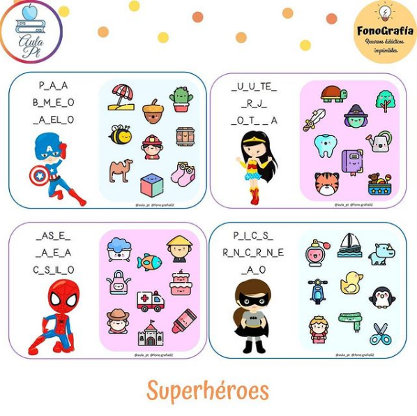 Nos volvemos a juntar @aula_pt y @fono.grafia02 para compartir con ustedes este recurso de lectoescritura. ⠀ ⠀ Consiste en tarjetas en las que el/la niño/a debe ayudar al superhéroe a completar las palabras y […]