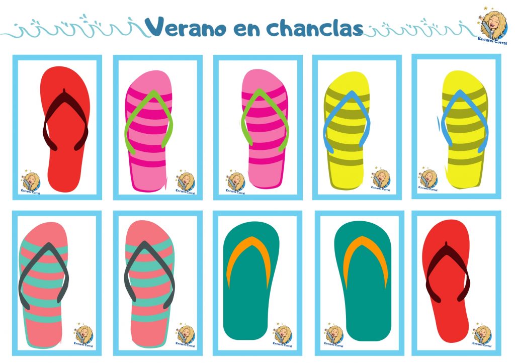 Juego de atención: Verano en chanclas Un juego contextualizado, en el veranito que se asoma, para trabajar la atención. Observamos, buscamos las parejas, describimos colores, formas… ¡ Que llega el veranito! ¡A por las chanclas!