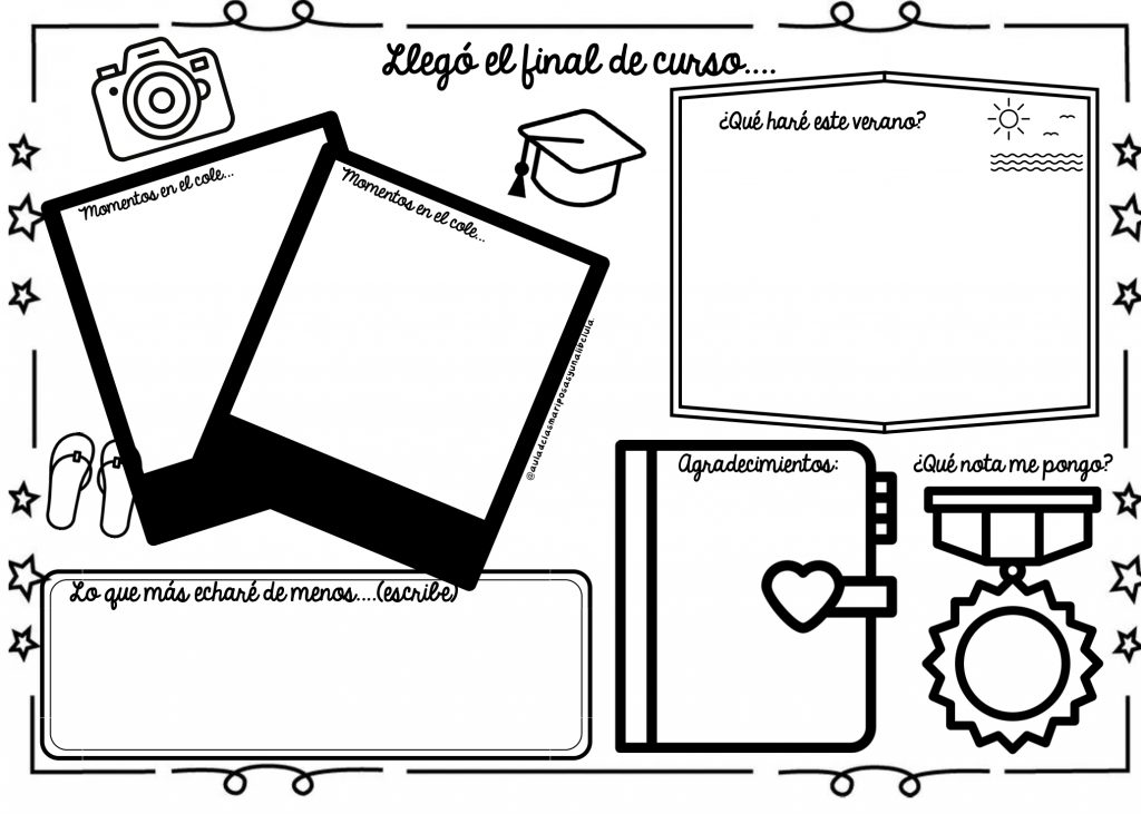 Ficha resumen: Fin de curso Se acercan los últimos días de clase y una divertida actividad para proponer a nuestros alumnos, es esta original ficha que resume los principales momentos del curso.
