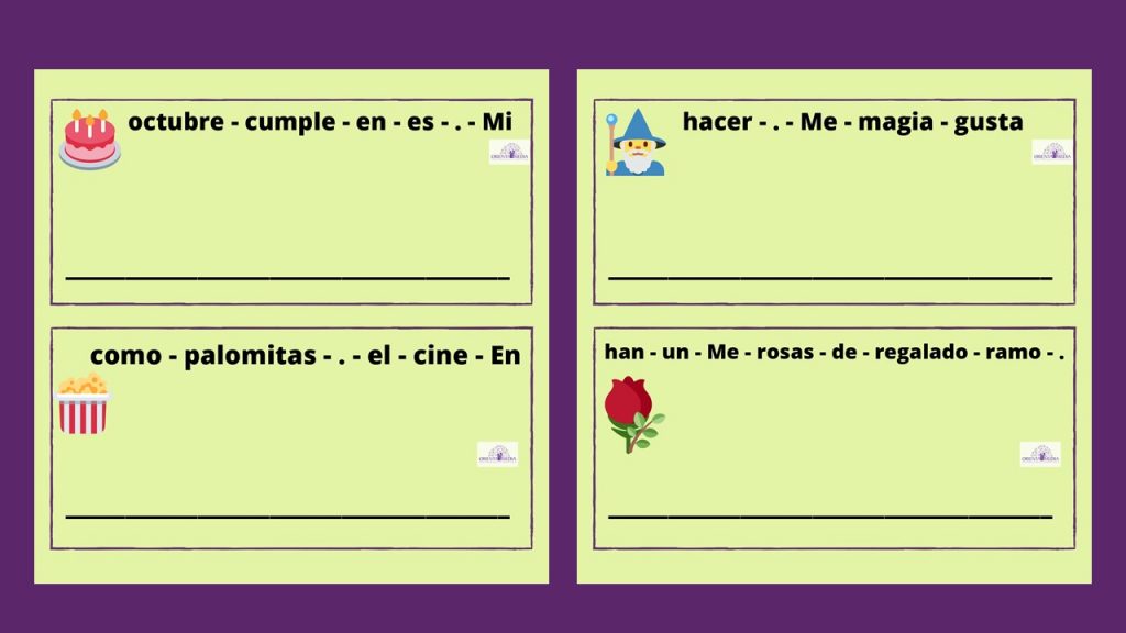 Hoy os presentamos varias tarjetas formato llavero para trabajar la conciencia léxica y la estructuración sintáctica. Deben ordenar la frase de cada tarjeta para que tenga sentido respetando las mayúsculas […]
