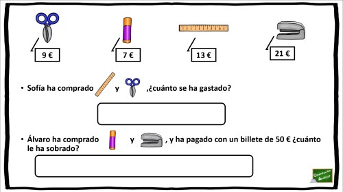 Problemas matemáticos con dinero Para motivar a nuestros alumnos a la realización de diferentes actividades matemáticas, introducir elementos como dibujos puede facilitar la resolución de problemas como los que os traemos a continuación.