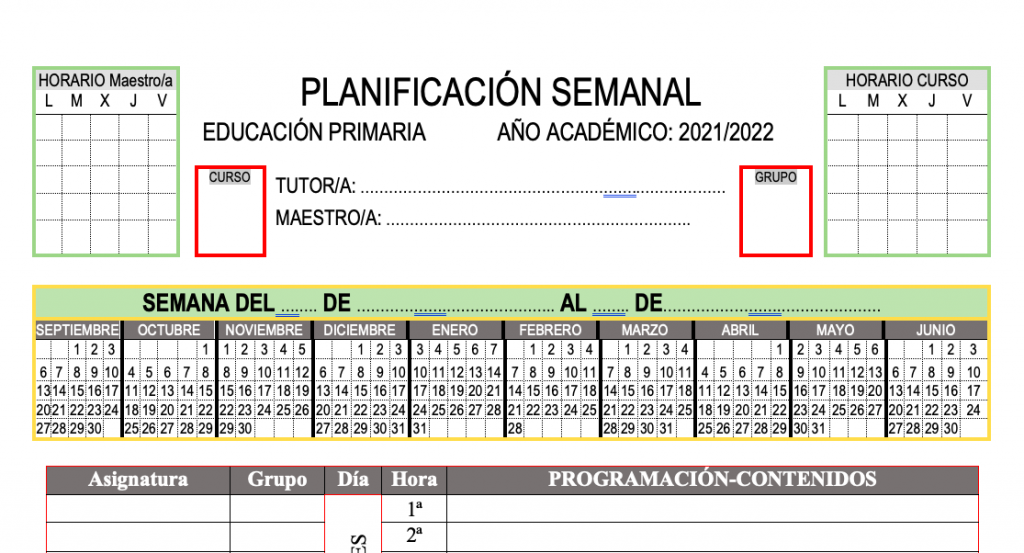 PLANIFICADOR SEMANAL-PROGRAMACIONES-5-HORAS 2021-2022 editable Os dejamos este planificador para vuestras programaciones esta totalmente editable para que lo pongas a tu gusto. VERSION PDF PLANIFICADOR-SEMANAL-PRIMARIA-PROGRAMACIONES-5-HORAS-2021-2022 VERSION WORD PLANIFICADOR-SEMANAL-PRIMARIA-PROGRAMACIONES-5-HORAS-2021-2022