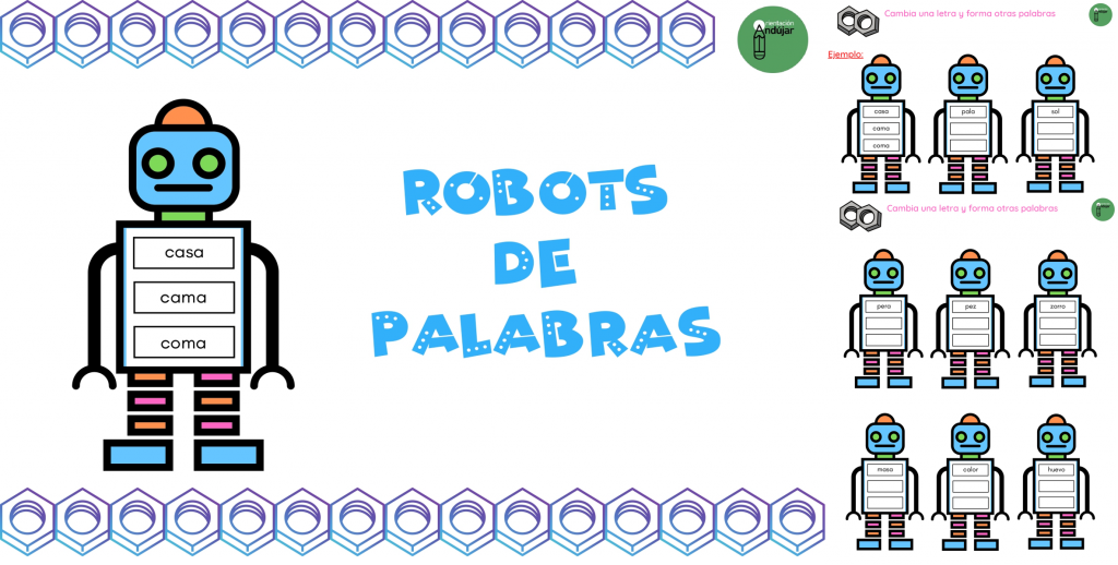 En esta oportunidad os quiero compartir estos fantásticos robots para jugar con las palabras.  Cada robot contiene tres espacios, los niños tienen que partir de la palabra del primer espacio […]
