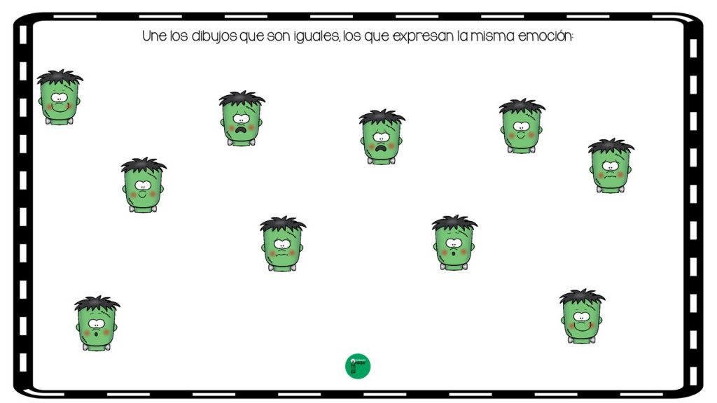 El siguiente ejercicio especialmente útil para alumnos con posibles trastornos de déficit de atención consiste en emparejar los dibujos que sean iguales, aquellos que expresen la misma emoción.