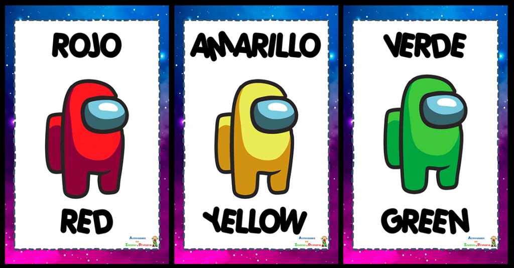 Aprendemos los colores en inglés y castellano con los personajes Among Us Bonitos carteles para decorar el aula y aprender los colores en inglés y castellano con los simpáticos personajes del famoso videojuego Among Us.