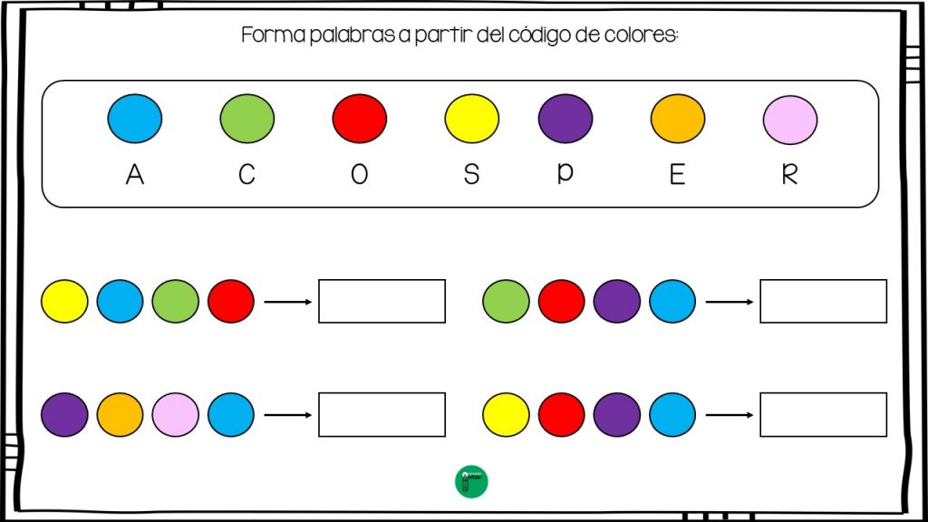 Este ejercicio combina el uso de colores y letras para formar palabras a partir de un código específico. El objetivo es que los participantes asocien cada color con una letra […]