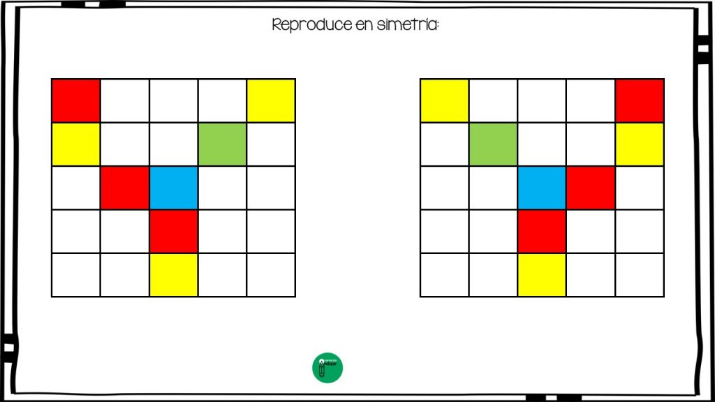 Ejercicios para trabajar la simetría Estas actividades ayudan a los niños/as a entender la idea de simetría, a reconocer figuras simétricas respecto de un eje, y les enseñan a dibujar figuras simétricas respecto de un eje de simetría.