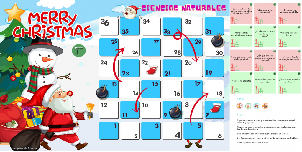 Os traemos esta propuesta divertida para repasar Ciencias Naturales con motivo navideño. Es un juego de tablero con 36 casilleros, mazo de preguntas y 4 fichas.  La actividad consiste en […]