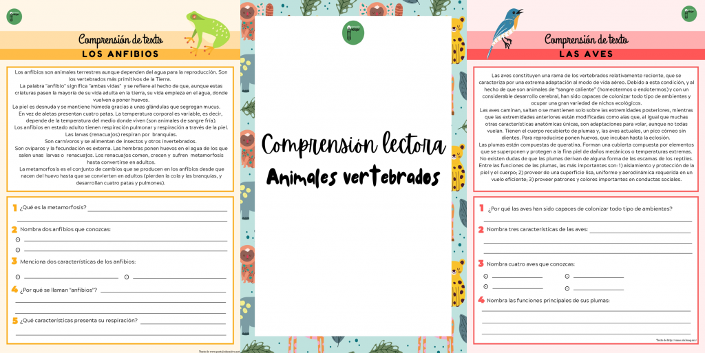 Os hemos preparado estas cinco bonitas fichas con pequeños textos para trabajar comprensión lectora.  Los textos están referidos a los animales invertebrados: mamíferos peces anfibios reptiles aves DESCARGAR EL ARCHIVO […]