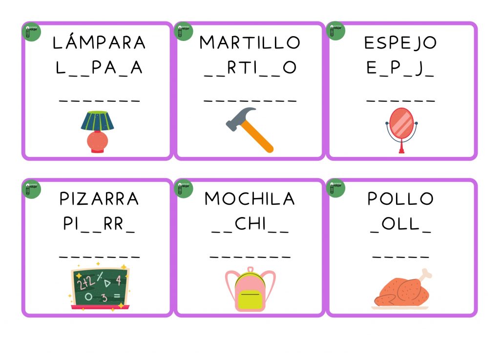 Tarjetas imprimibles: Completa las palabras con las letras que faltan