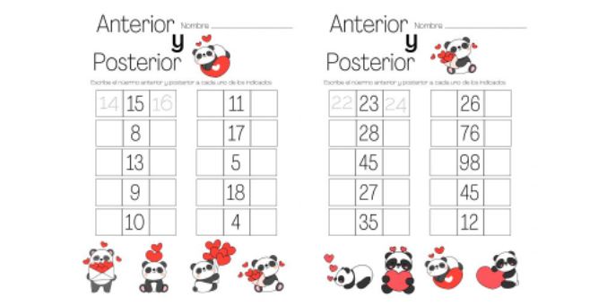 Matemáticas Anterior y posterior pandas corazones Fichas matemáticas para trabajar el número anterior y posterior de una cifra.    DESCARGA LAS FICHAS EN PDF anterior-y-posterior-pandas-corazones