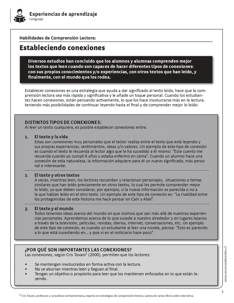 Establecer conexiones es una estrategia que ayuda a dar significado al texto leído, hace que la com- prensión lectora sea más rápida y significativa y le añade un toque personal. […]