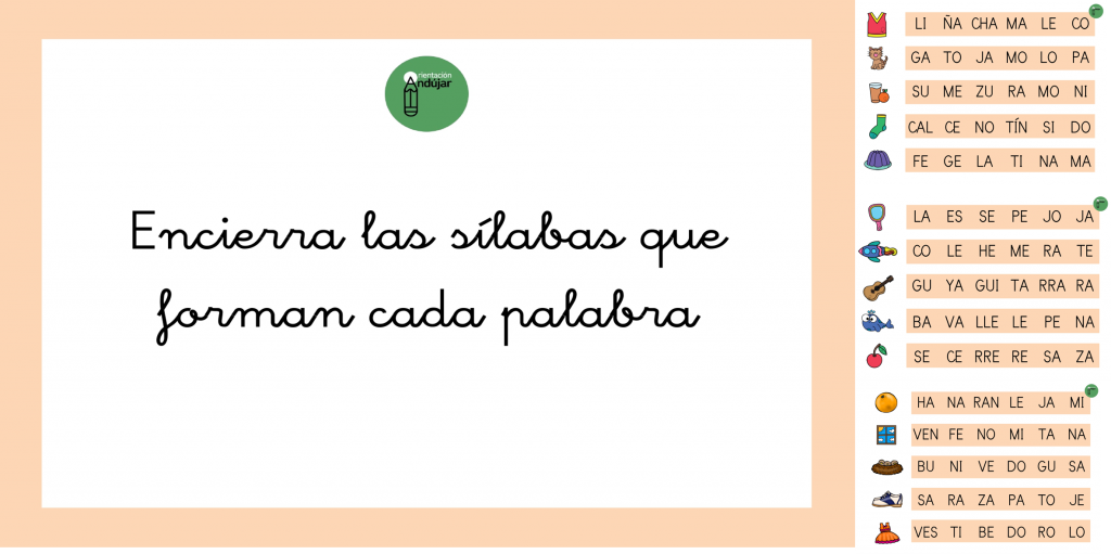 Hoy os compartimos estas geniales fichas para trabajar atención, conciencia silábica y lectoescritura.  Los niños deben rodear las sílabas que conforman los nombres de las imágenes. Estas sílabas pueden ser […]