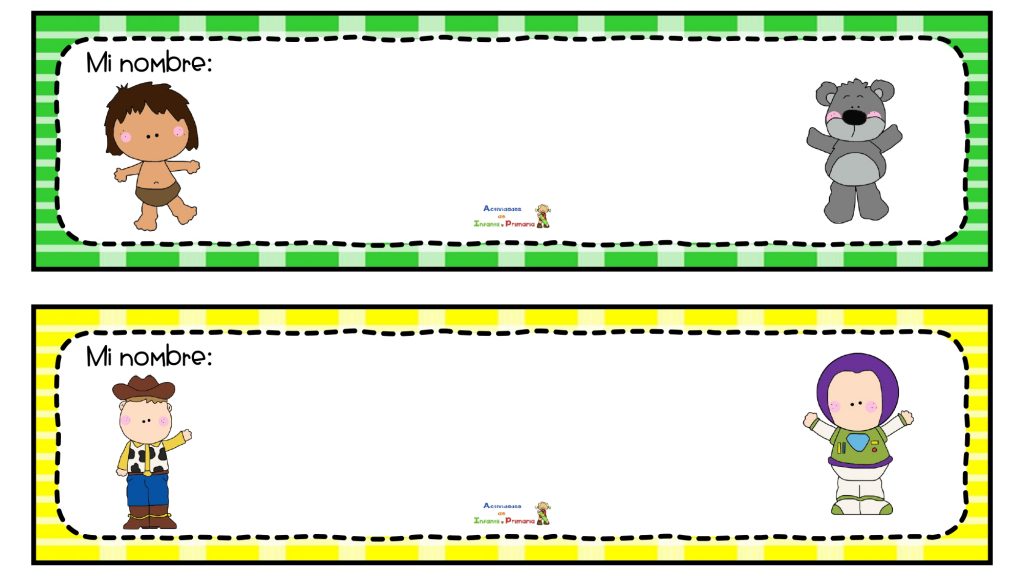 Bonita colección de carteles con los famoso personajes deDisney par auqe los alumnos escriban su nombre y lo peguen en su mesa.