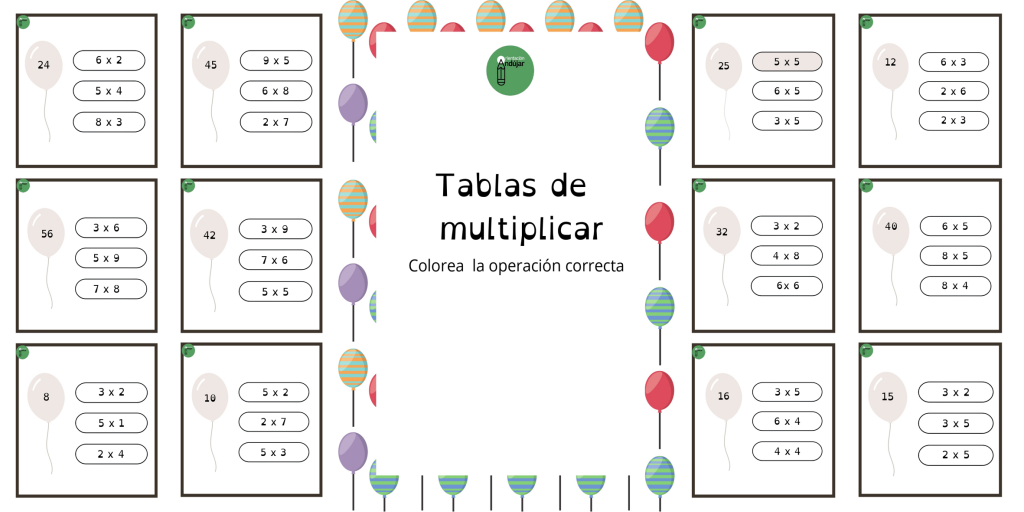 Hoy repasamos las tablas de multiplicación con estas geniales tarjetas.  Los niños deben marcar la operación que da como resultado el número que se encuentra en el globo.  Entre las […]