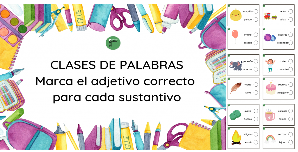 Hoy os compartimos este material para trabajar las clases de palabras, en este caso, los adjetivos.  En cada tarjeta, se debe seleccionar aquel adjetivo que sea más indicado para la […]