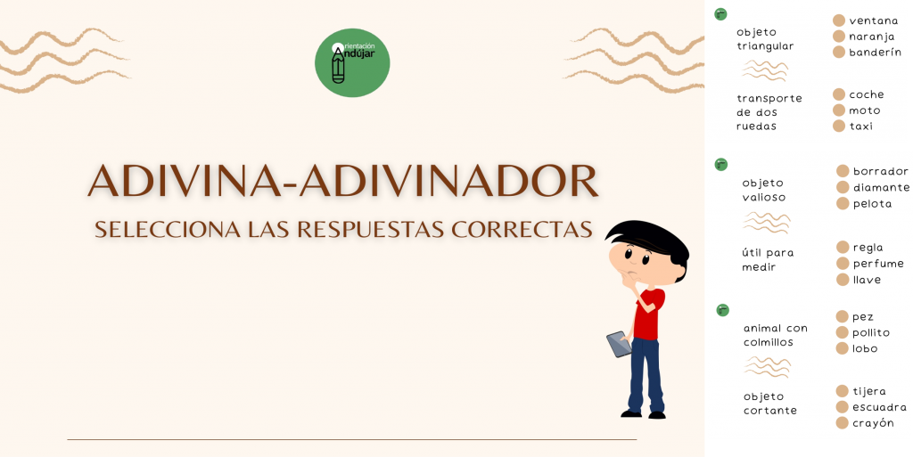 Hoy os hemos preparado esta actividad para trabajar vocabulario, descripciones, comprensión lectora.  Desde un breve enunciado, los niños deben seleccionar la respuesta correcta entre tres opciones.  La frase incluye una […]