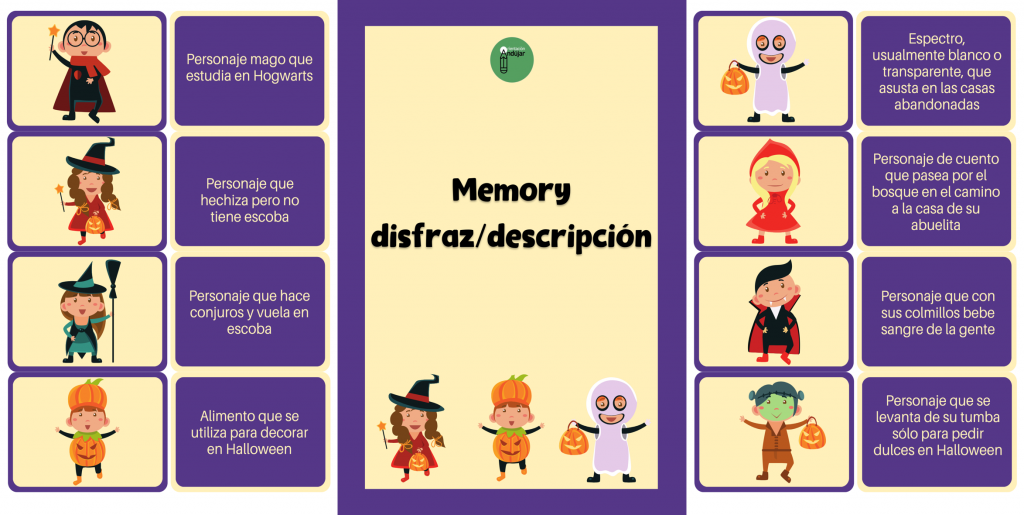 En esta oportunidad os compartimos este divertido juego de memoria, acorde a las fechas de Halloween. Se deben encontrar el par correspondiente al disfraz y su descripción. Trabajaremos memoria, atención, […]