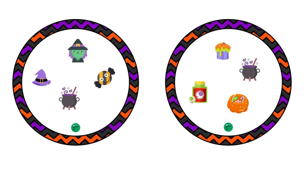 Divertido doble de Halloween Juegos como el dobble, que consiste en encontrar el elemento común entre distintas tarjetas con dibujos relacionados, permite trabajar aspectos como la discriminación visual, la concentración, los reflejos y el vocabulario.