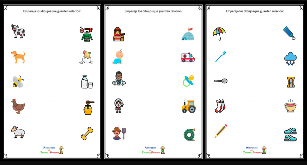 Asociaciones lógicas para trabajar la estimulación cognitiva En las asociaciones lógicas, los niños deben identificar y relacionar dos elementos que forman pareja. Se realiza estimulación cognitiva y se refuerza el razonamiento lógico.