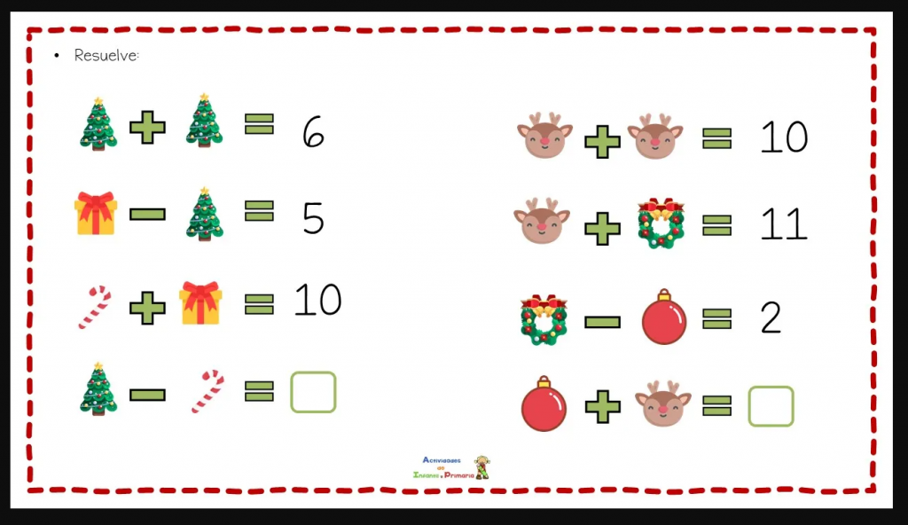 Cálculo mental con pictogramas de Navidad La siguiente actividad no sólo está enfocada a la práctica del cálculo mental, sino a la estimulación de diferentes capacidades cognitivas, como la atención.
