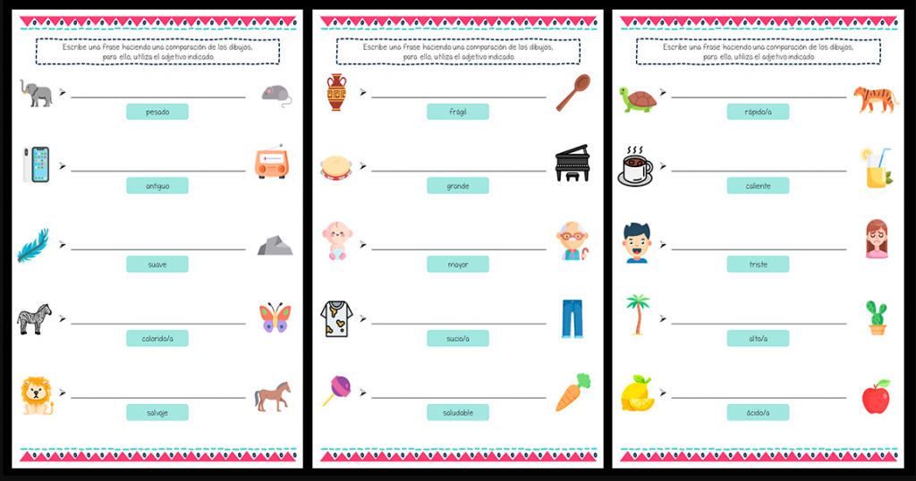 En esta actividad trabajaremos la expresión escrita realizando comparaciones entre dos objetos, animales, lugares, utilizando los adjetivos dados.  Comparar es examinar dos o más cosas para establecer sus relaciones, diferencias […]