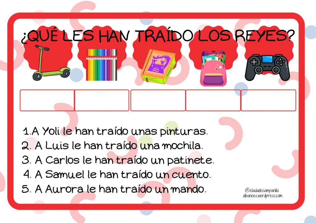 «¿Qué le han traído los Reyes? Deberán leer la frase y colocar el nombre del niño debajo del regalo que le han traído los Reyes. Como siempre os digo, yo […]