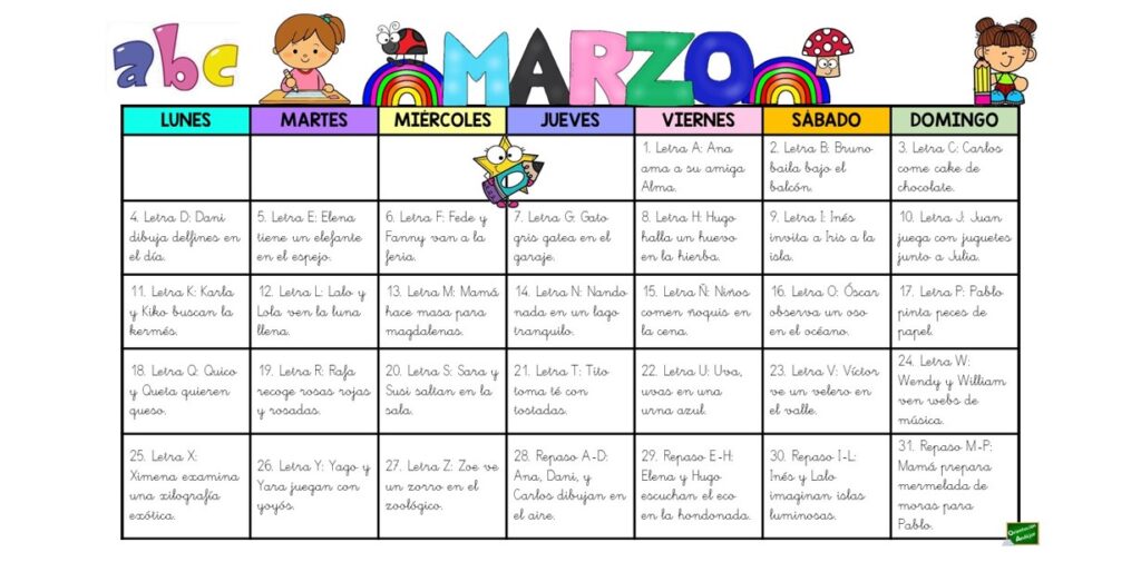 En este nuevo post, te presentamos un emocionante calendario de dictados para el mes de marzo 2024. Esta actividad es ideal para mejorar las habilidades de escritura, ortografía y gramática […]